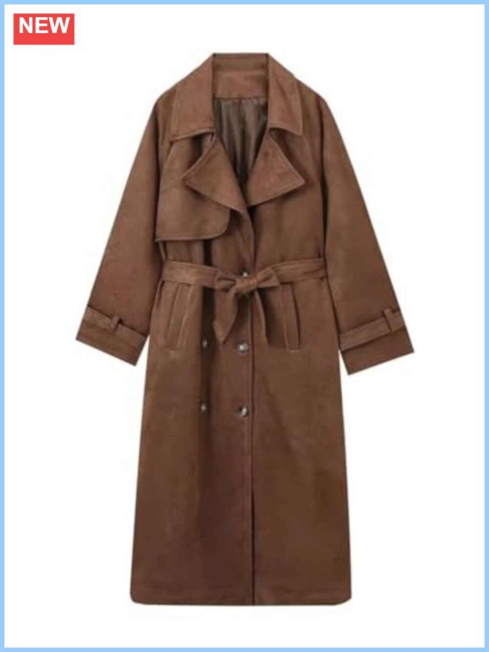 Faux Suede Trench Coat Long Double Breasted Pea Coat with Belt